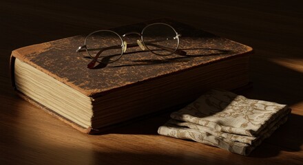 Vintage Book with Glasses and Handkerchiefs on Wooden Table Surface