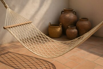 Fototapeta premium Empty rope hammock hanging near terracotta pots and wicker basket in a sunlit patio with terracotta tiled floor