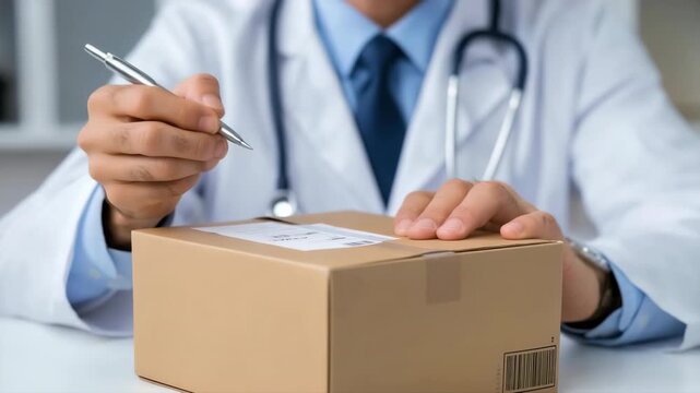 Healthcare professional signing parcel for medical delivery service in office setting