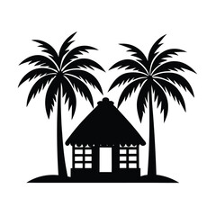 Tropical hut between palm trees silhouette