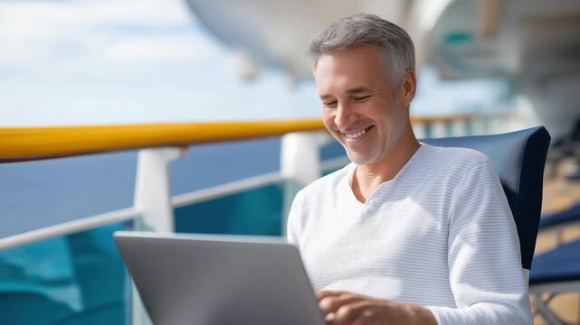 Relaxed mature man enjoying laptop work on cruise deck in sunny weather