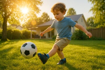 Little boy joyfully kicking a soccer ball in the backyard of a suburban home, basking in the warm glow of the golden hour