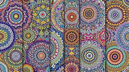 Naklejka premium Colorful radial patterns merge, featuring intricate details and vibrant bohemian style elements