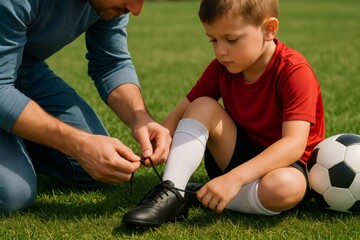Father carefully tying shoelaces of his son, young soccer player sitting on grass with ball near his feet