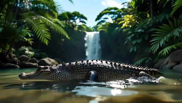 Crocodile monitor drinking from a shallow pool
