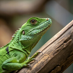 Fototapeta premium green iguana closeup on wood animal closeup reptil