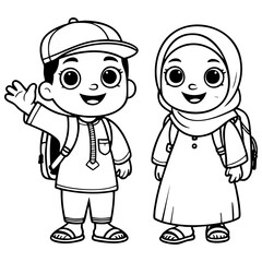 Muslim Kids in Traditional Clothes Going to School with Backpacks