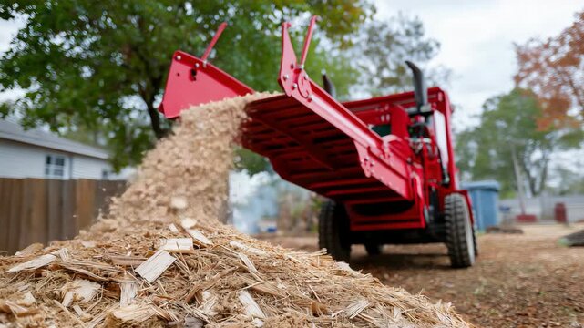 Dynamic wood chipper action sequence featuring flying mulch and heavy machinery at work