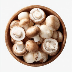 Overhead view of a wooden bowl filled with fresh cremini mushrooms on a white background surface