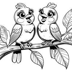 Fototapeta premium Two Happy Birds Chirping on a Tree Branch with Leaves Around Them