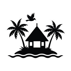 Tropical island hut palm trees bird silhouette