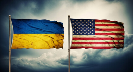 Flags of ukraine and united states waving against a dramatic cloudy sky backdrop in a symbolic image