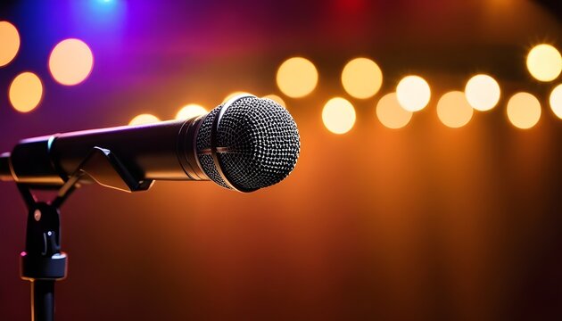 Microphone with bokeh light background, Stand up comedy show, Karaoke or singing contest, Background for poster design, Open mic and jokes show	