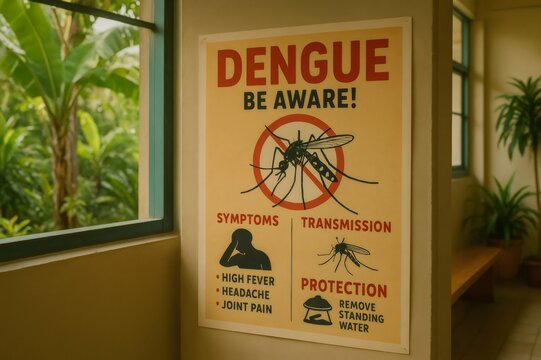 Informative poster about dengue fever, showing symptoms like high fever, headache and joint pain, transmission via mosquito and protection by removing standing water