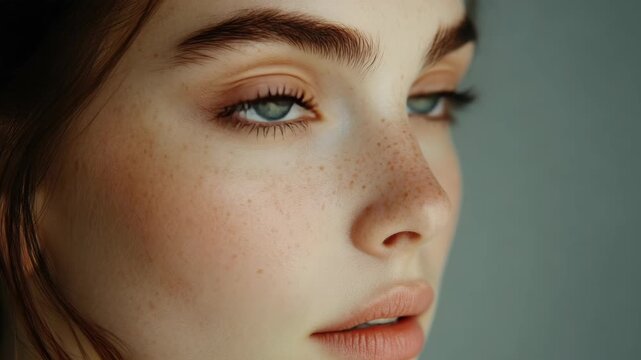 A young woman with striking blue eyes, showcasing her face close-up.