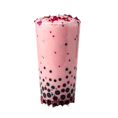 Delicate rose milk tea with vibrant rose petals and chewy boba pearls on a white background A refreshing drink with a touch of elegance