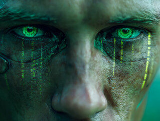 Futuristic digital interface reflected in intense human eyes