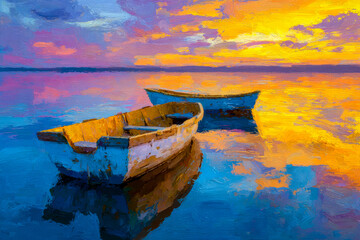 Vibrant sunset over tranquil waters with two boats reflecting in a colorful sky