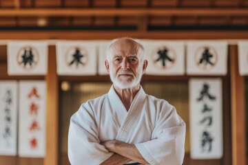 Portrait of a confident senior martial arts master posing with crossed arms in a traditional dojo