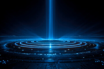 Futuristic digital portal with glowing blue concentric rings and a central vertical beam