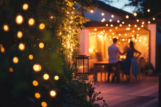 Romantic evening with string lights illuminating backyard dinner setting, creating a magical ambiance for a couple