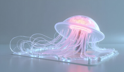 3D plastic icon of a futuristic jellyfish-shaped Wi-Fi router with glowing fiber-optic tentacles emitting wireless signals