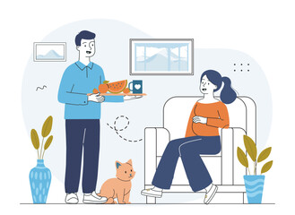 Man serving fruit to pregnant woman at home. Vector illustration