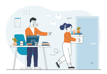 Employee being fired by angry boss. Vector illustration