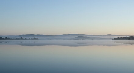 Fototapeta premium Tranquil Morning Fog Over Calm Lake with Serene Mountain View