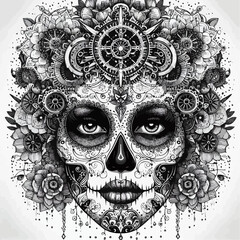 Fototapeta premium Intricate sugar skull artwork adorned with flowers and gears in detailed line art for coloring book 
