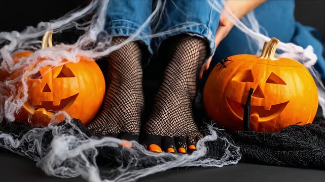 Person's legs with carved pumpkins and decor, festive and spooky