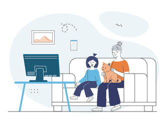 Family watching TV with pet indoors. Vector illustration