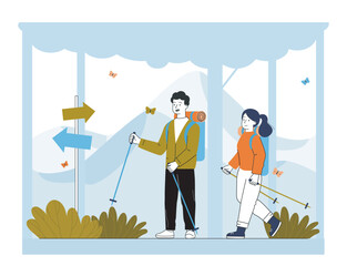 Couple hiking in the forest path. Vector illustration
