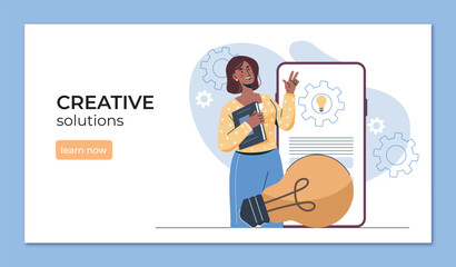 Woman with tablet and creative gear icons. Vector illustration