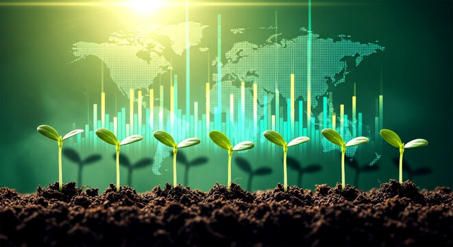 Seedlings emerging from soil against global data chart symbolizing growth and sustainability