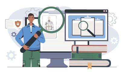 Identity verification and data analysis concept. Vector illustration