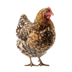 A hen standing alone with a spotted coat. A picture of a chicken on an isolated background, suitable for a variety of applications