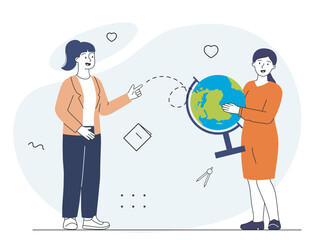 Two women with globe and book elements. Vector illustration