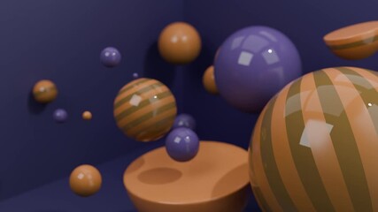 Abstract 3D Floating striped and solid spheres are in a purple room. Abstract video loop - seamless 3D motion animation background for creative video. - Powered by Adobe
