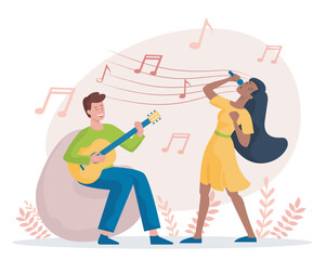 Couple singing and playing guitar together. Vector illustration