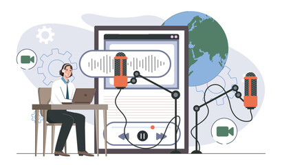 Podcast recording studio concept setup. Vector illustration