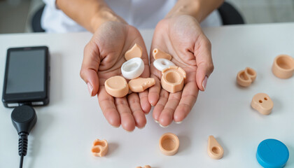 Audiologist showcasing custom ear molds on clinic counter, enhancing hearing
