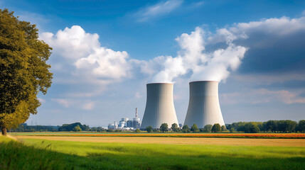 Atomic Power in Nature. Nuclear Plant in Idyllic Landscape