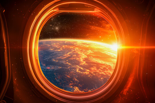 View of Earth from space through a futuristic window during sunrise