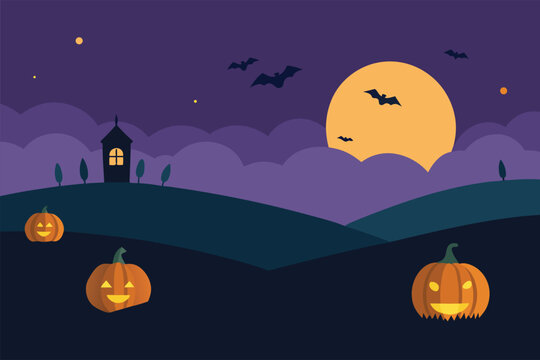 pumpkin patch at dusk with rolling hills  bats fly