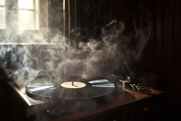 Smoke is swirling around a vintage record player near a window in a dark room, creating a moody and atmospheric scene