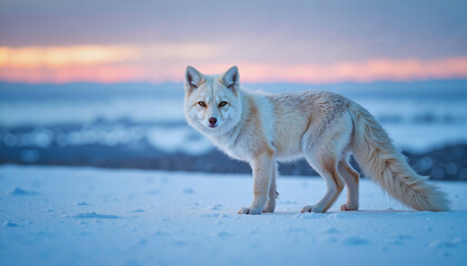 Obraz premium Arctic fox exploring snowy terrain at dusk, nature's beauty