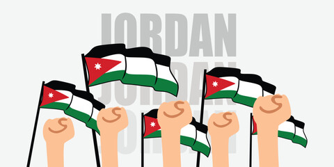 hand with flag of the Jordan or Jordan independence day vector illustration of Jordan flag with gray background banner or greeting card