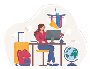 Woman planning travel at computer desk. Vector illustration