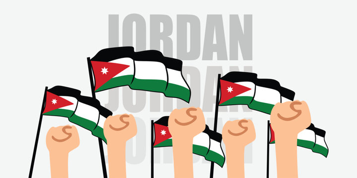 hand with flag of the Jordan or Jordan independence day vector illustration of Jordan flag with gray background banner or greeting card